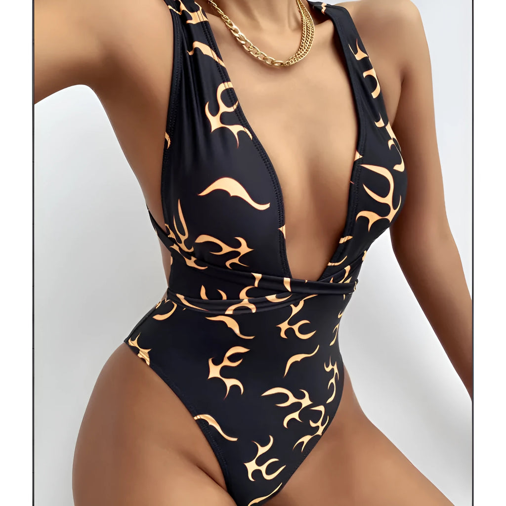 Ladies flame pattern bikini swimsuit in polyester fibre, two-piece swimwear available in sizes S, M and L