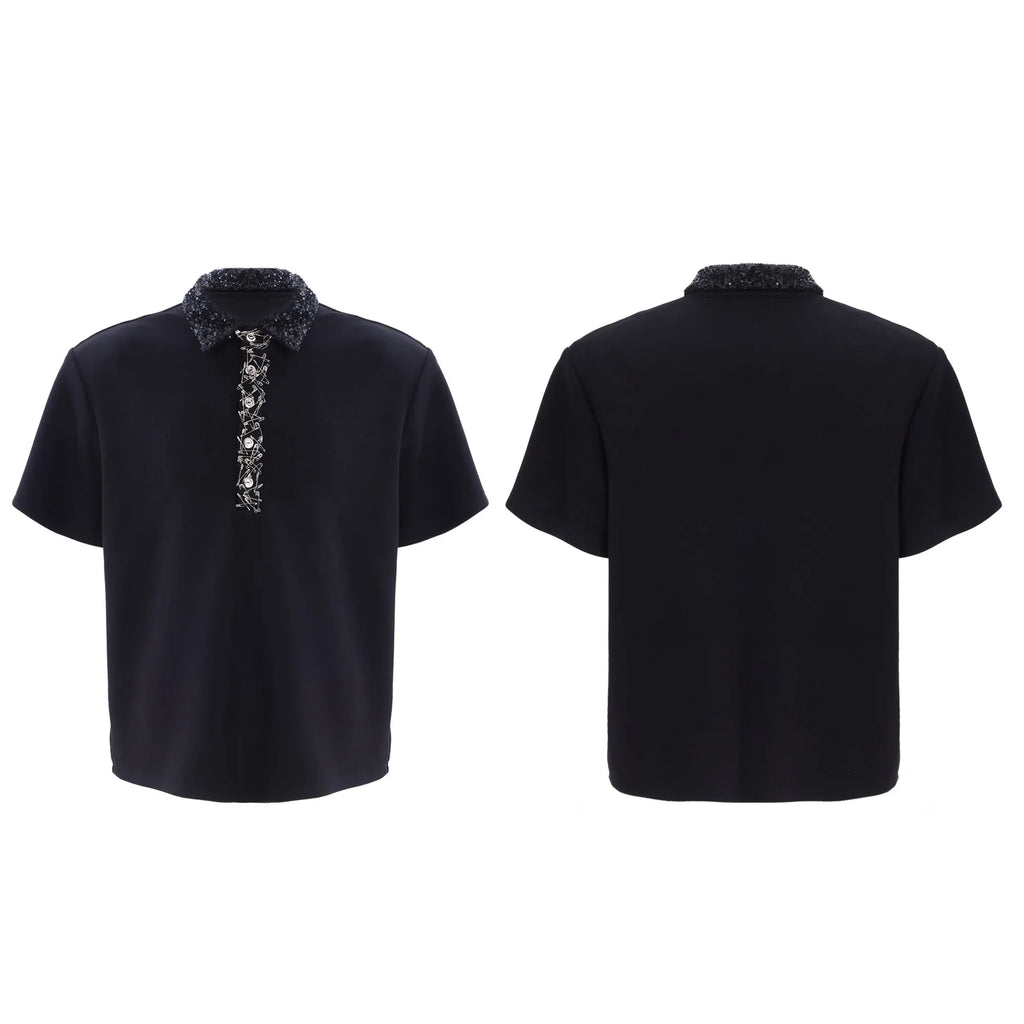 Men's black loose-fit short sleeve polo t-shirt with square collar and heavy embroidery sequin pattern detail.