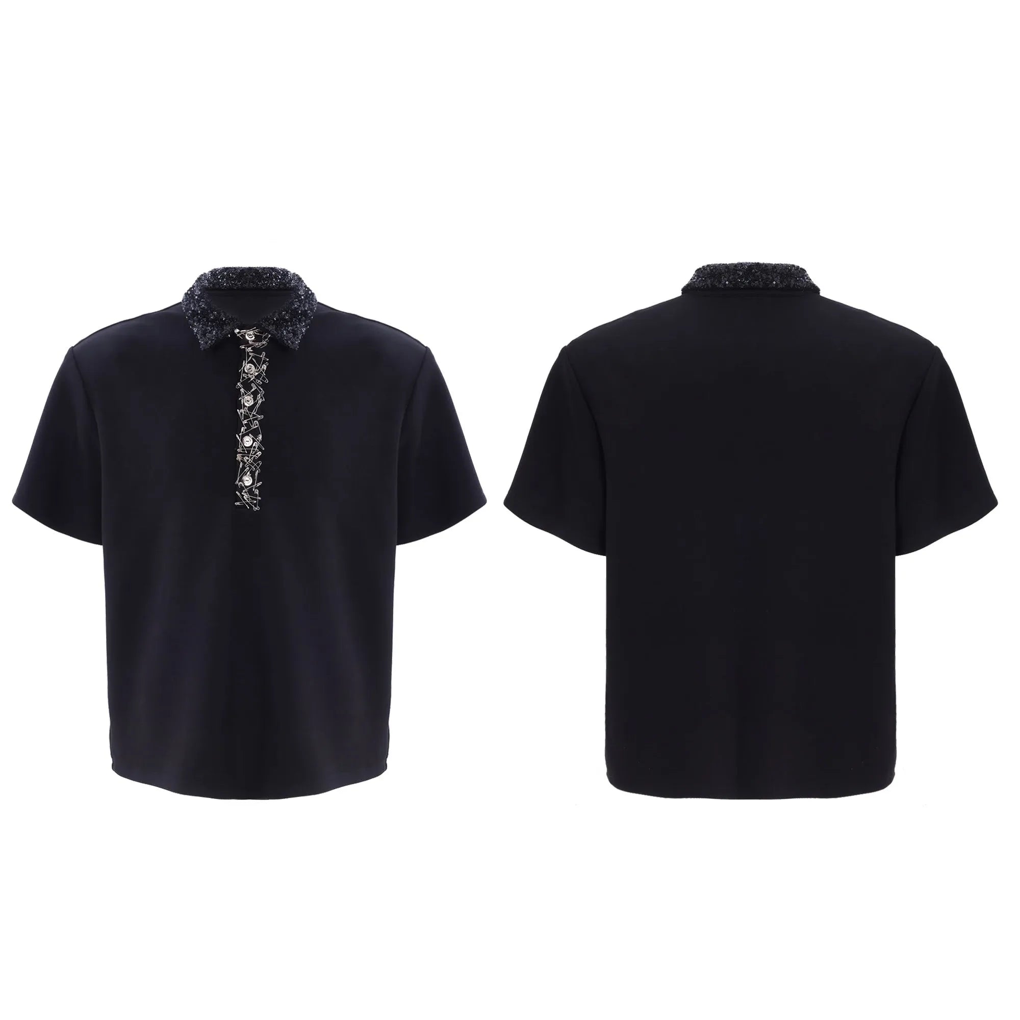 Men's black loose-fit short sleeve polo t-shirt with square collar and heavy embroidery sequin pattern detail.
