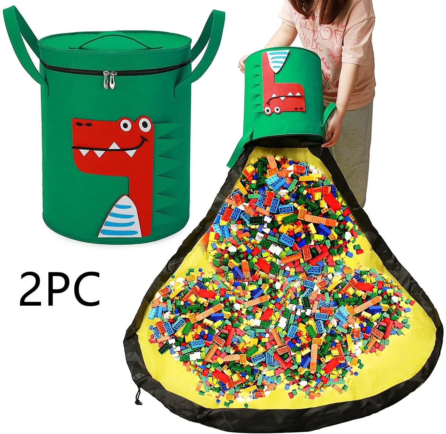 Green felt cube storage bag with pull rope handles that converts to toy play mat
