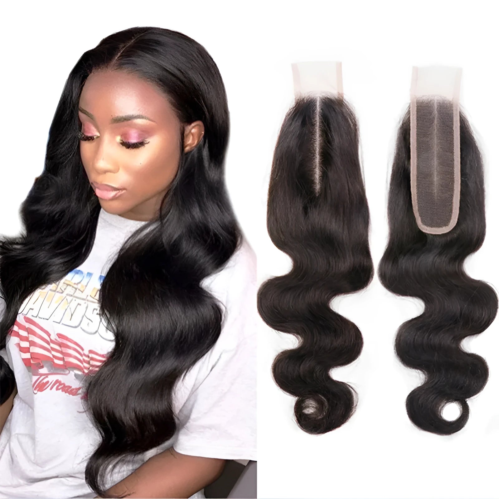 Hand-woven straight human hair wig in natural colour, showing length options from 8 to 20 inches.