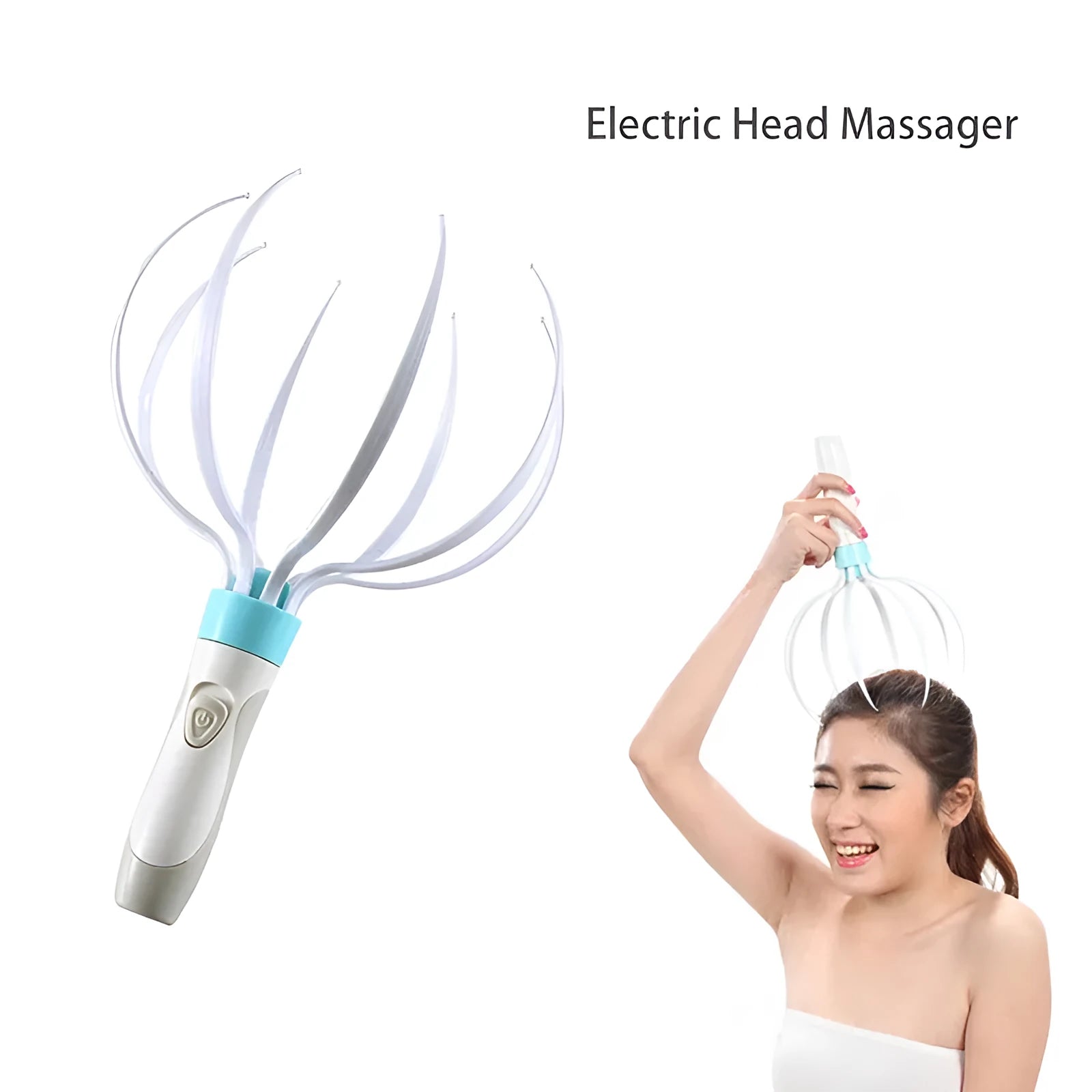 White electric head massager with eight removable vibration claws on a clean background
