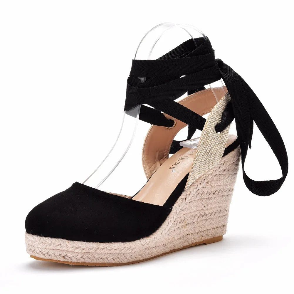 Women's Bohemian platform wedge sandals with bead detailing and buckle closure in apricot colour