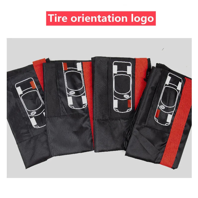 Set of four black Oxford cloth tyre protective covers with red belt closures laid flat.