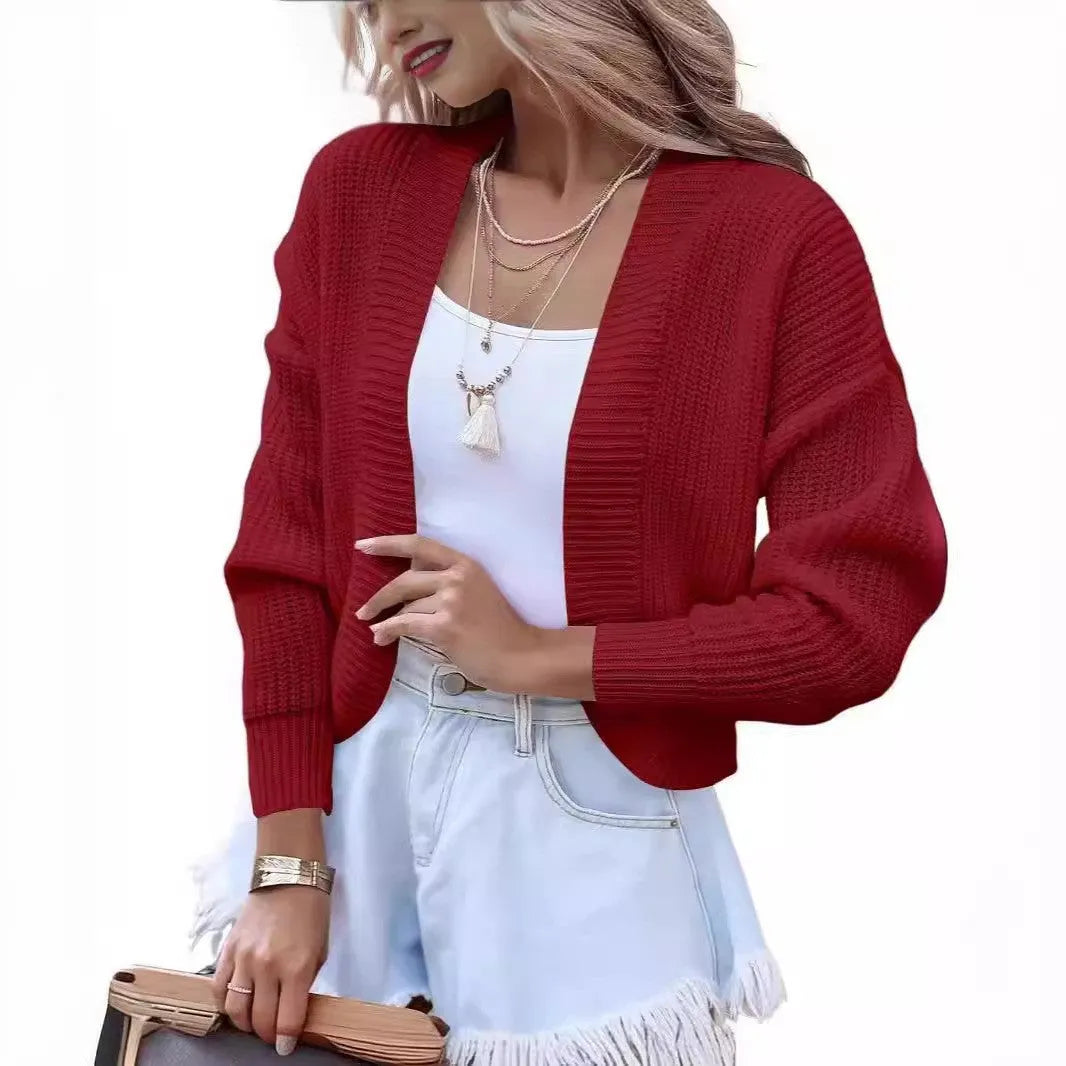 Women's short cape knitted cardigan in camel colour, long sleeve solid colour polyester cardigan for women