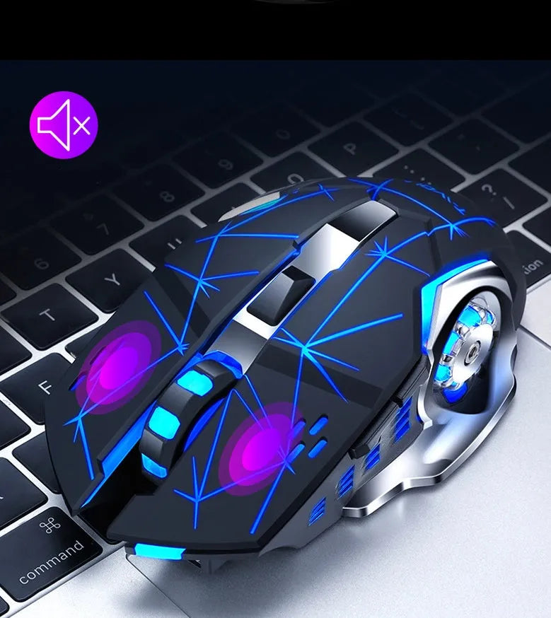 Black and white wireless mouse with USB charging port and silent click buttons