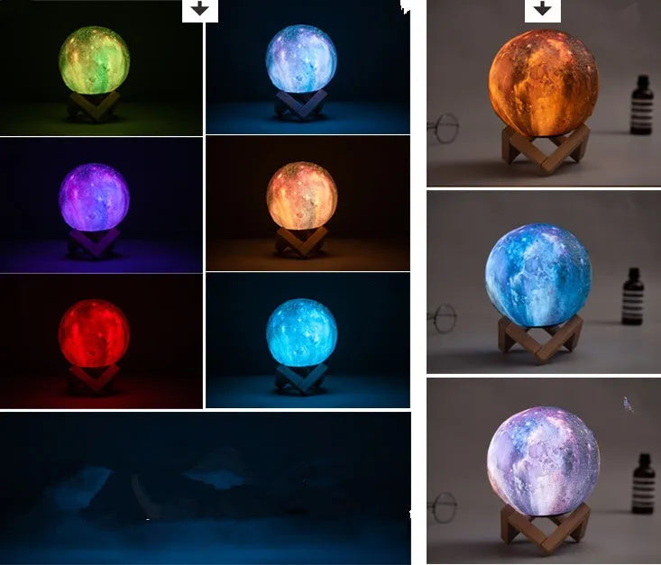 White spherical lunar night light with textured surface and glowing LED illumination on a dark surface.