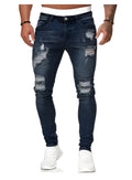 Ripped white denim trousers, tight-fitting pencil pants with middle waist and zipper placket, water-washed denim