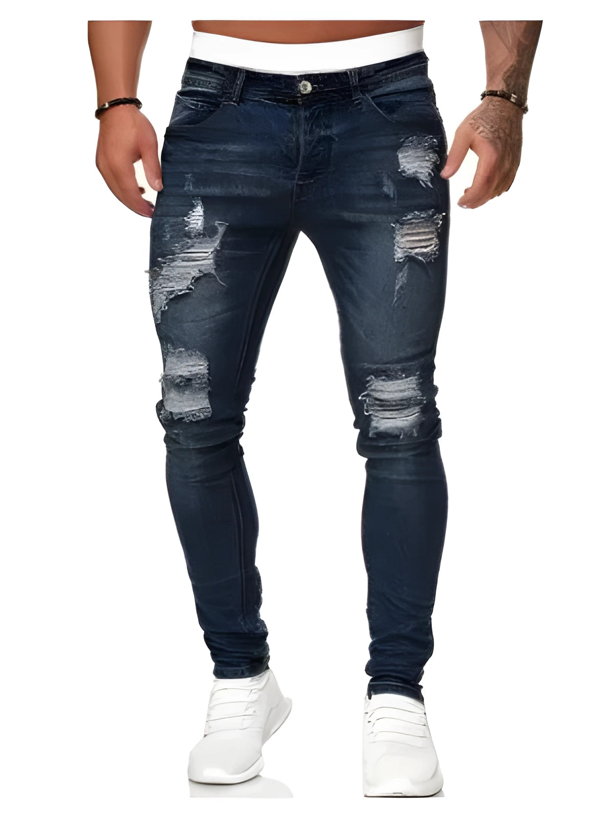Ripped white denim trousers, tight-fitting pencil pants with middle waist and zipper placket, water-washed denim