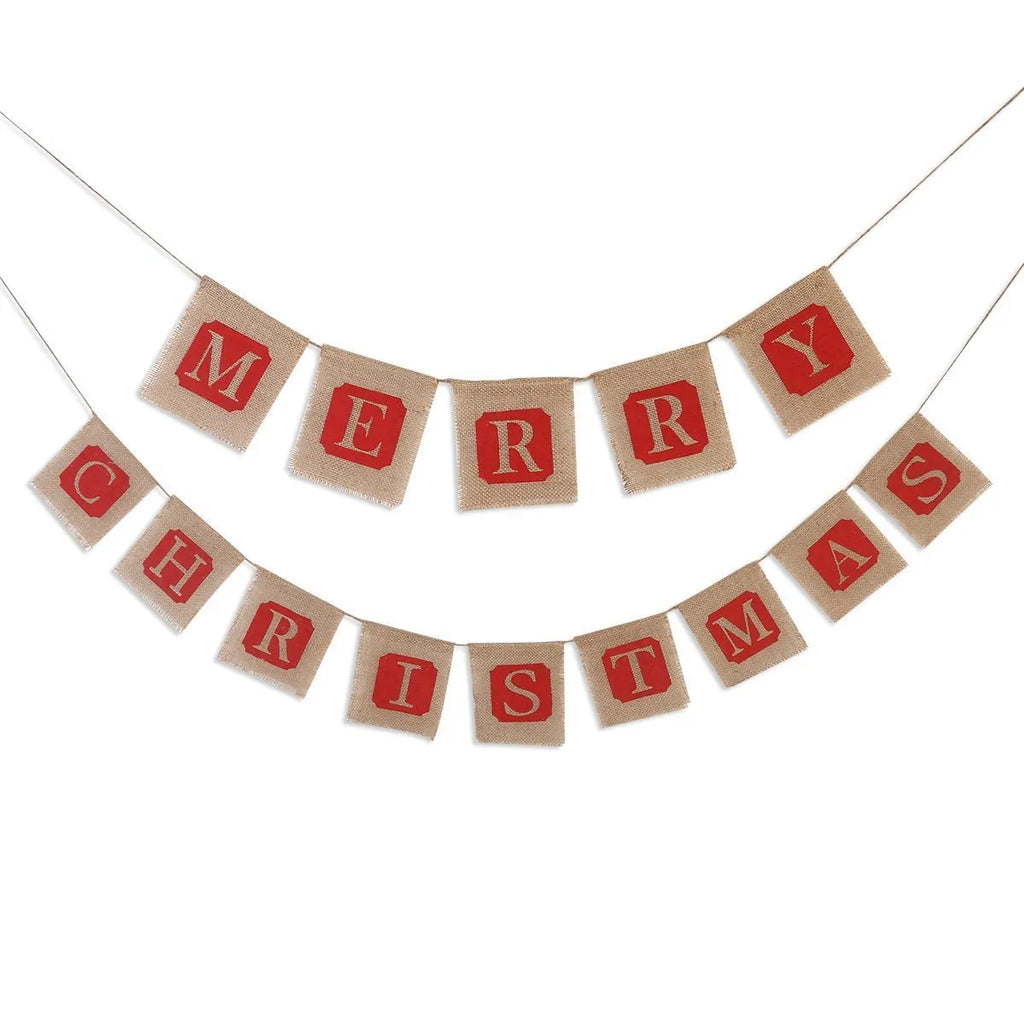 Brown and red burlap Christmas banner string with 14 fabric flags for wall decoration