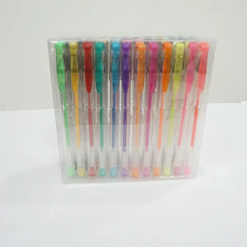 Set of 100 assorted colour gel pens with watercolour effects and dual fine nib sizes, shown next to a ruler.