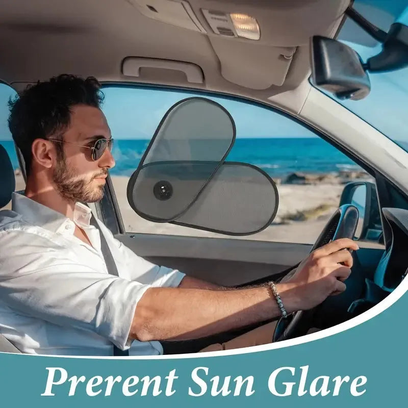 Black stretchy car side window sunshade for baby with suction cups attached to glass.