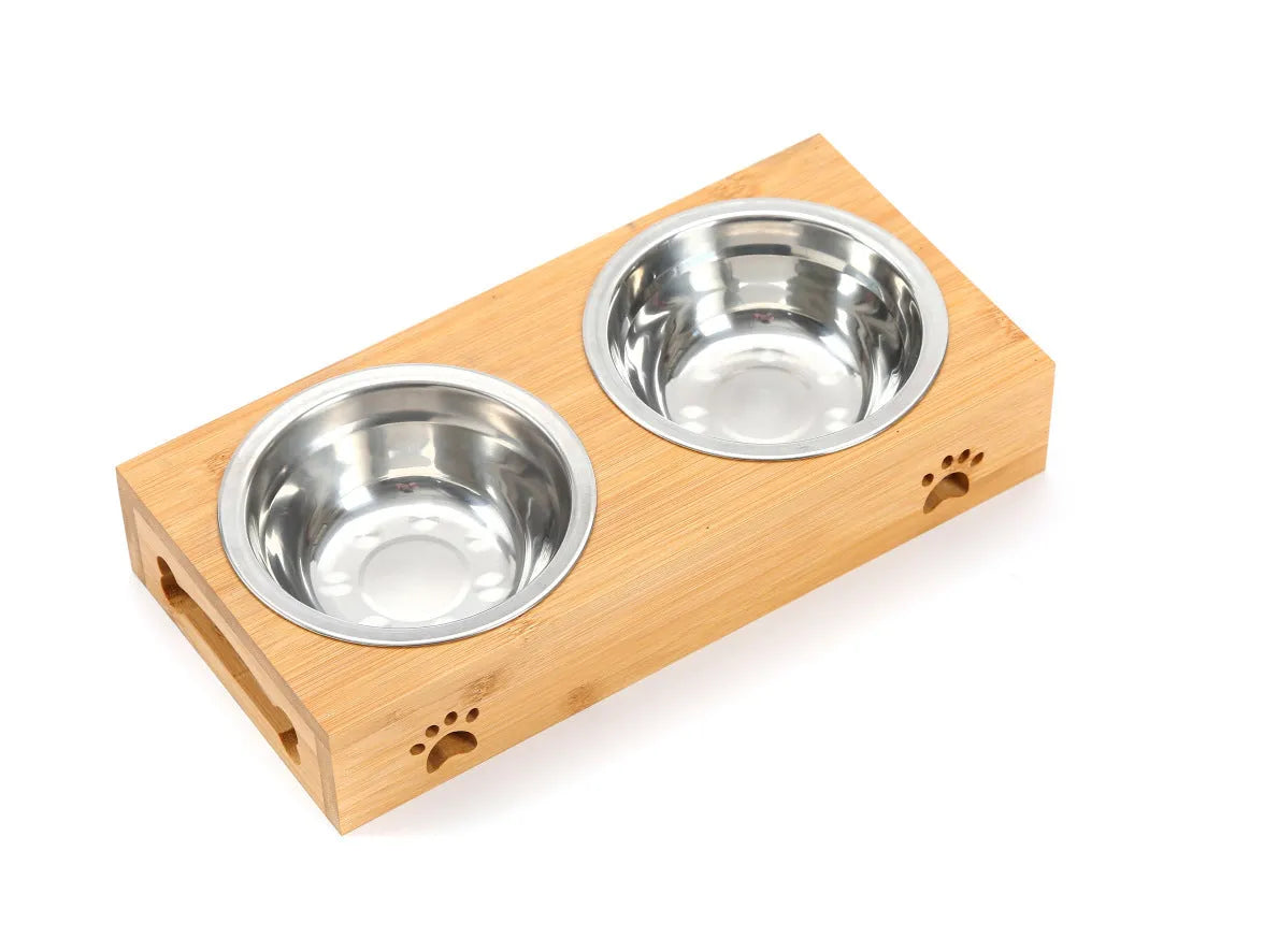 Solid wood pet dining table with stainless steel bowls in elevated design for dogs and cats