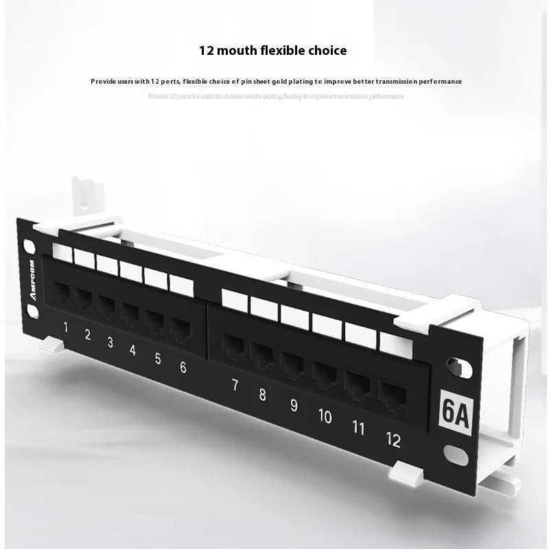 Black 12-port steel network distribution frame with hook bracket and included installation tools.
