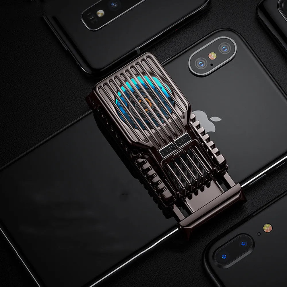 Black clip-on mobile phone radiator with aluminium cooling fins for smartphones