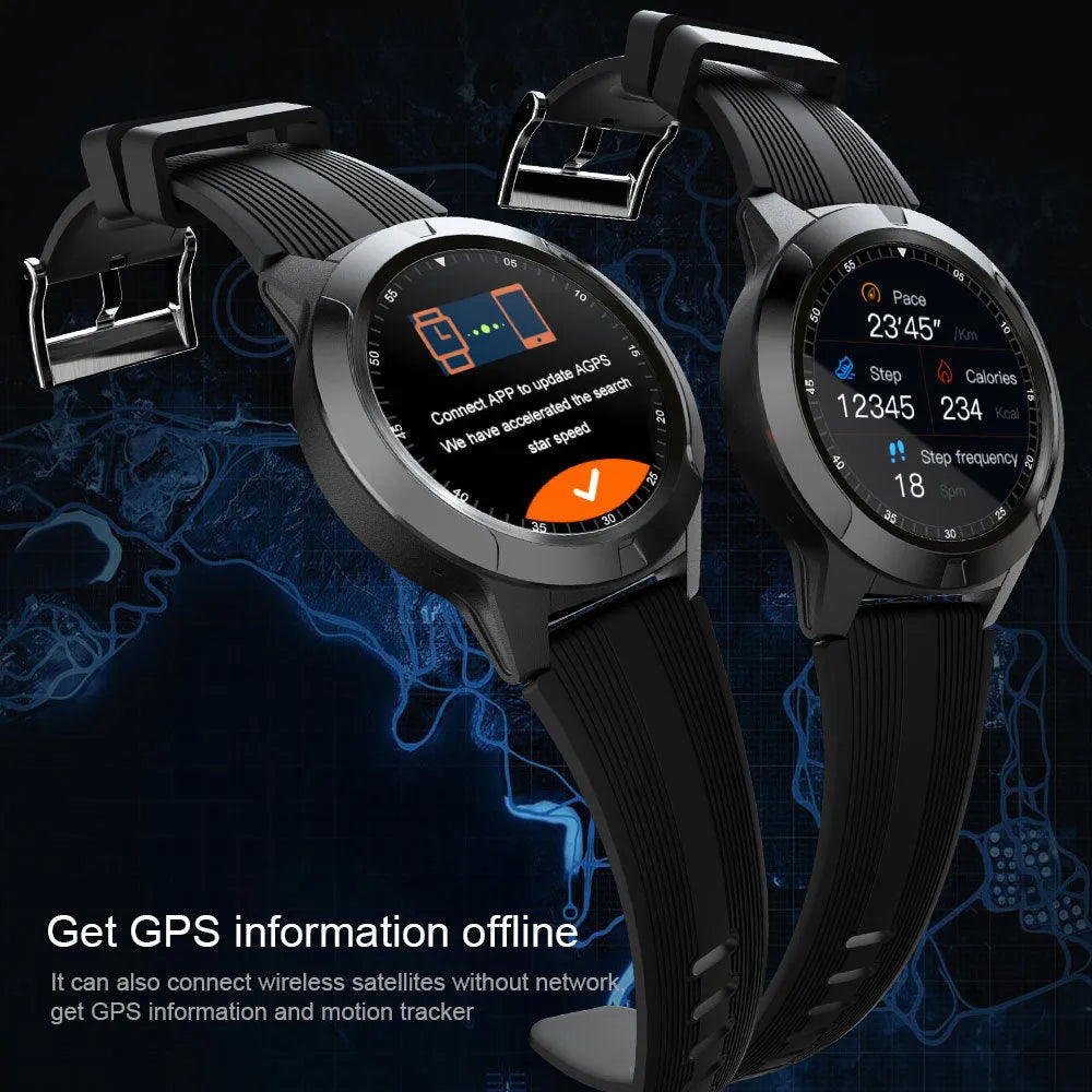 Black men's smart watch with digital screen showing fitness stats.