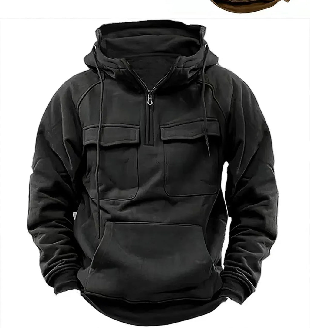 Men's drawstring hoodie sweatshirt in thick polyester with front pocket, available in black