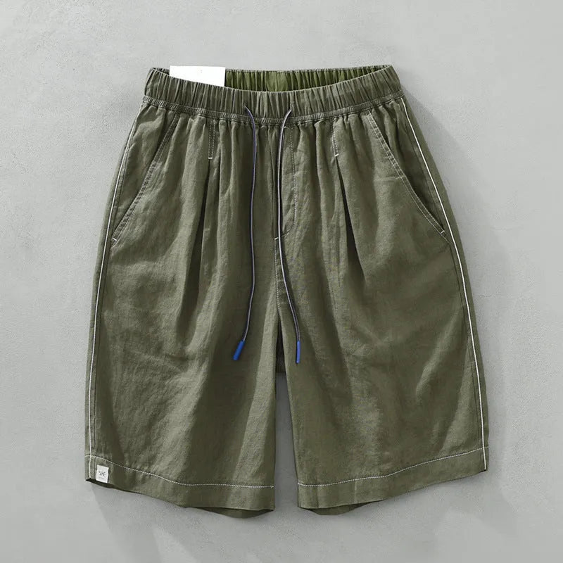 Men's linen shorts in straight drooping style with drawstring waist in black or green colour