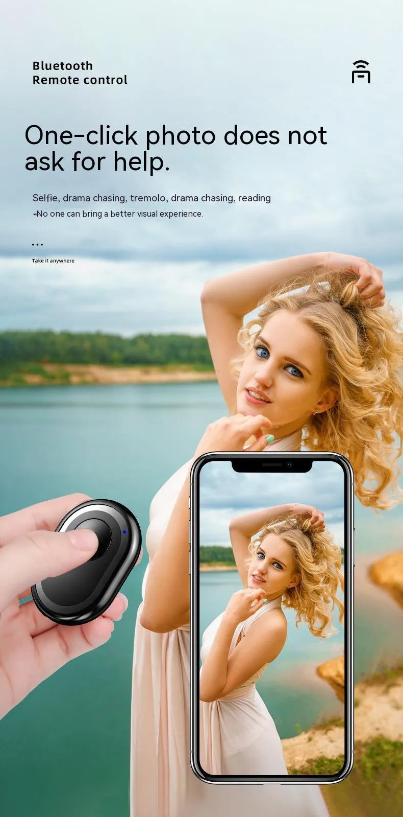 Compact black Bluetooth remote control for smartphone camera triggering