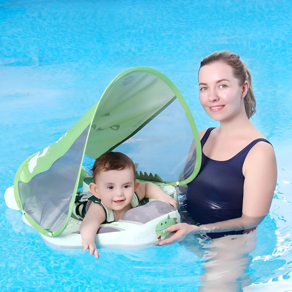 Green dinosaur inflatable baby swimming ring with sun shade for children 3-24 months