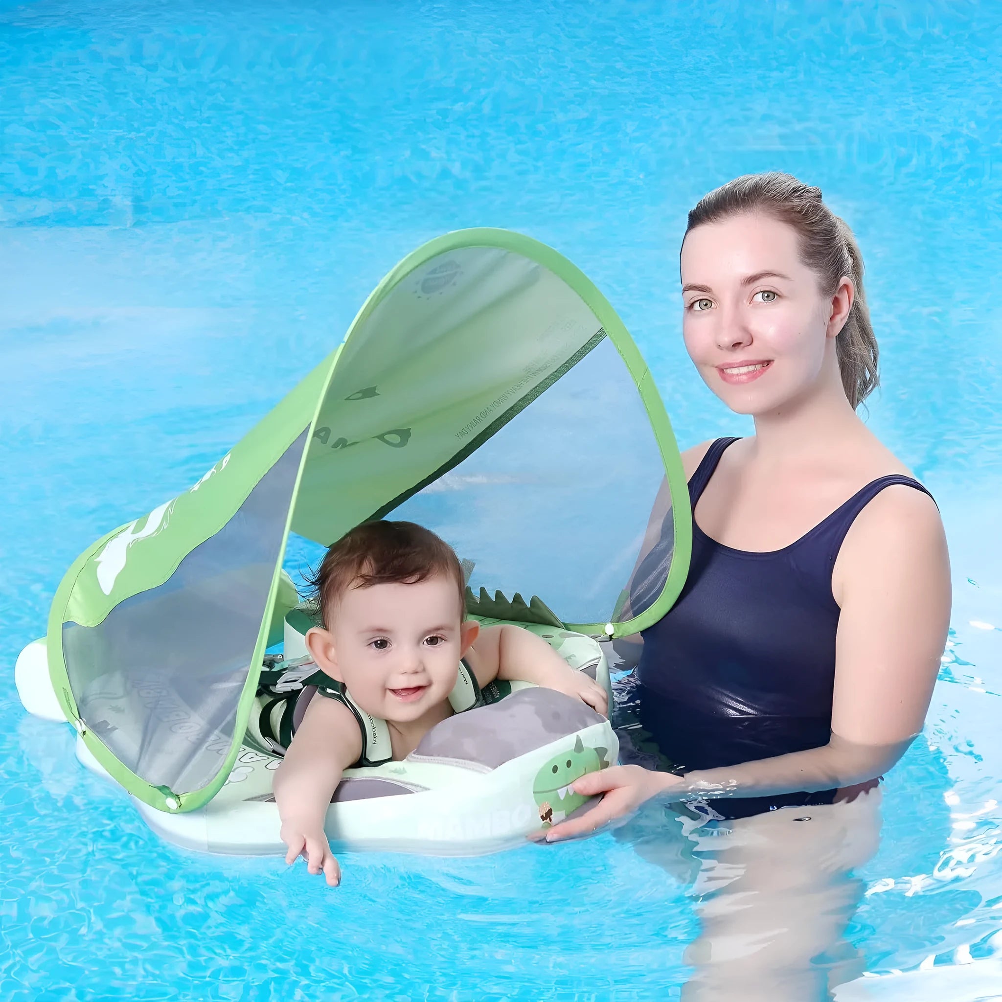 Green dinosaur inflatable baby swimming ring with sun shade for children 3-24 months