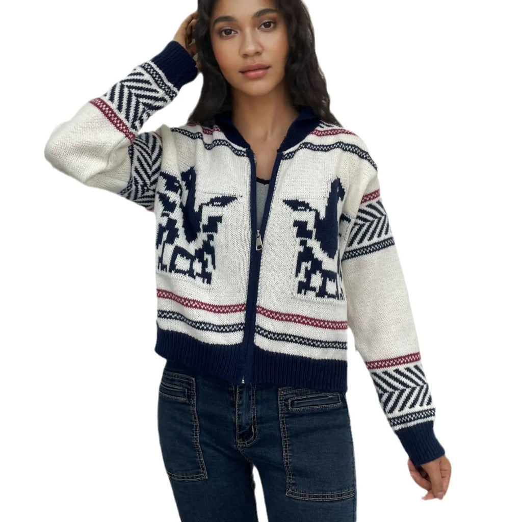White women's cardigan with front zipper, lapel collar, and jacquard weave pattern