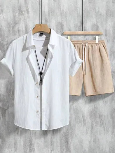 Men's 3D printed Hawaiian short sleeve shirt and matching shorts outfit in picture colour.