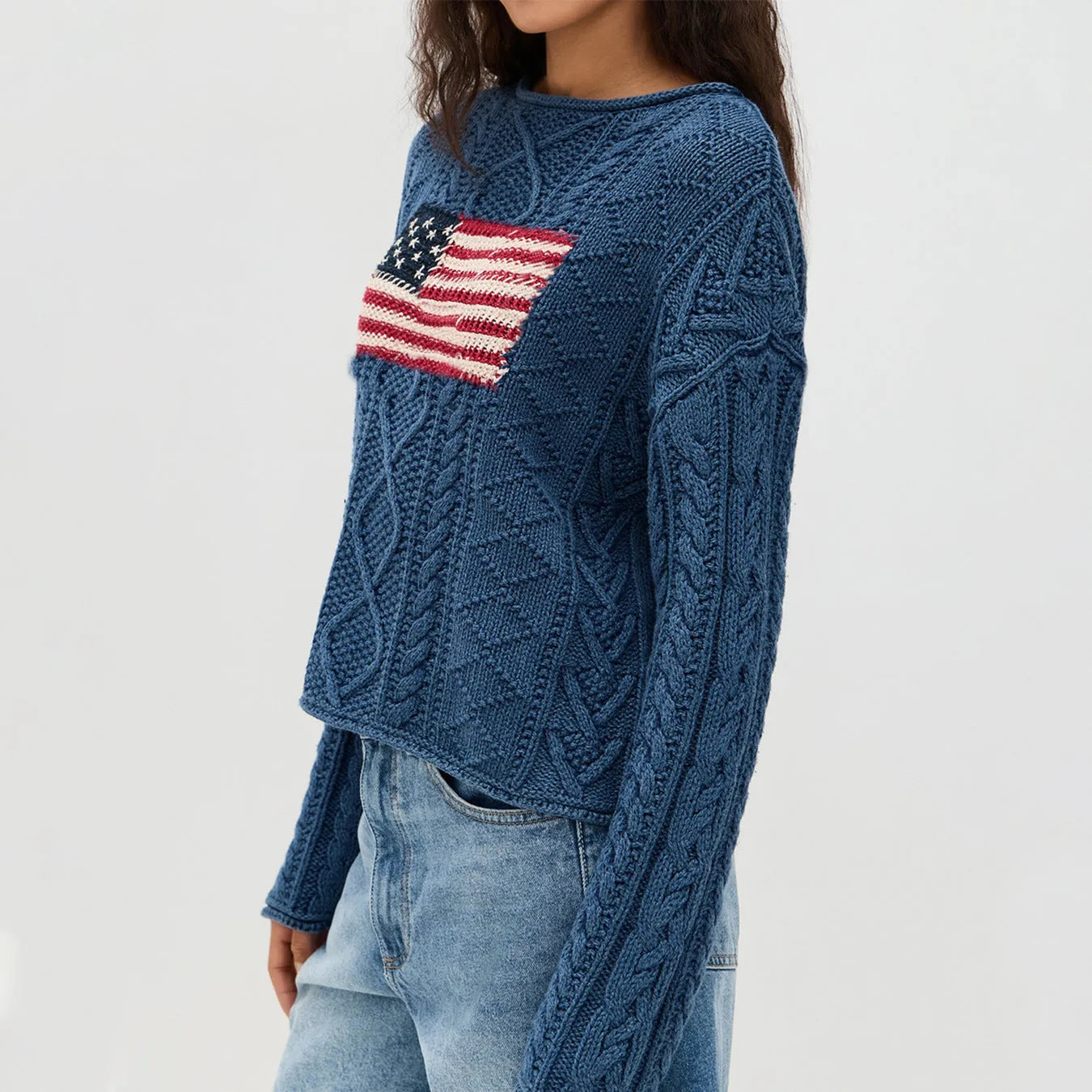 Women's navy blue lazy sense top with national flag pattern, long sleeve pullover style in acrylic fibre