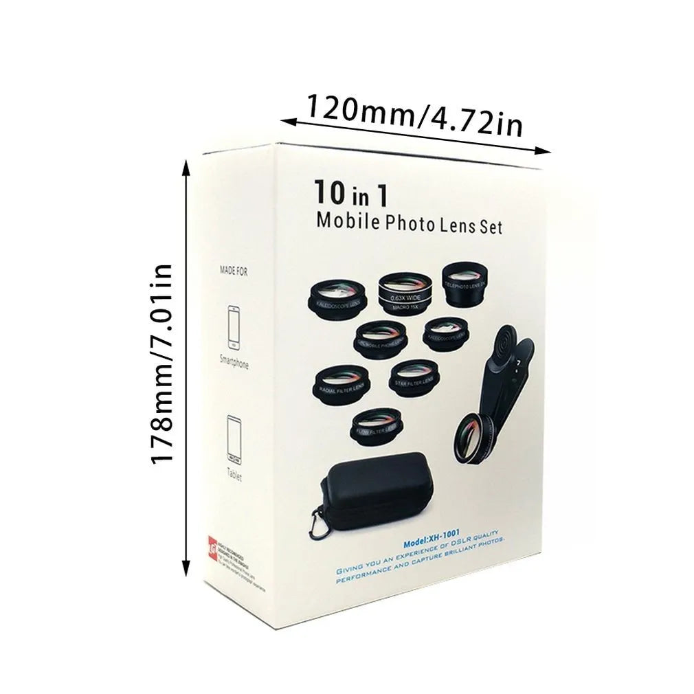 Black 10-in-1 mobile phone fisheye lens set with external camera attachments on aluminium-magnesium alloy mounts