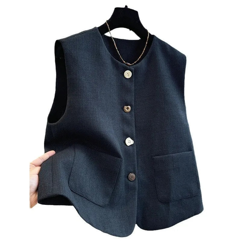 Women's beige round neck sleeveless bandage vest, French style, on a hanger.