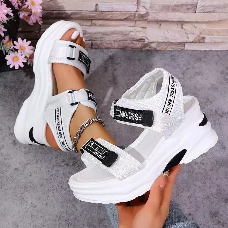 White women's summer wedge sandals with platform, fish mouth toe, and Velcro closure