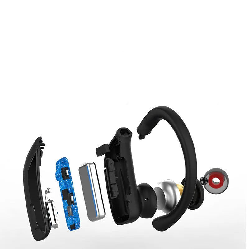 Black wireless Bluetooth headset with hanging ear design and LED display showing battery status