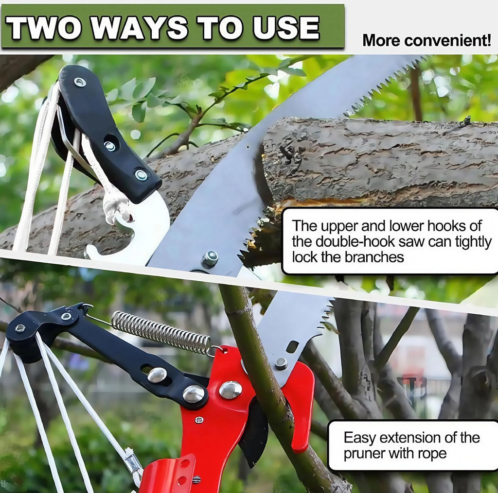 Pull rope pruning shears with 8-section assembly extended to 3.3 metres for high branch cutting