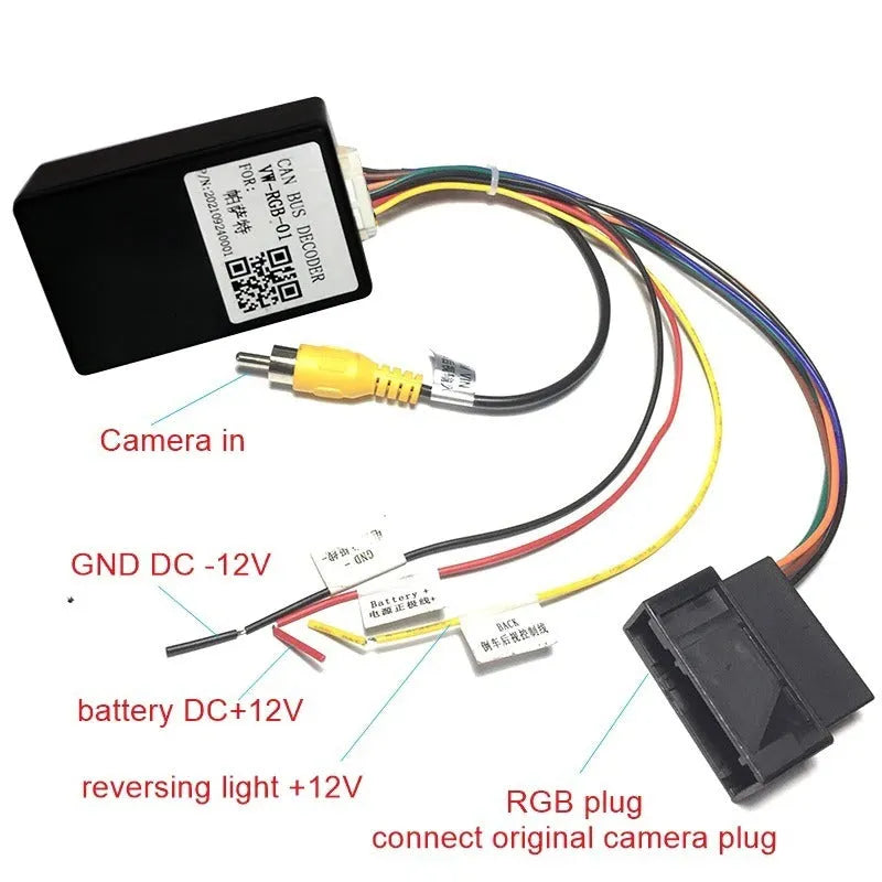 Black Volkswagen Skoda MIB host RGB camera signal conversion box for reverse camera installation.
