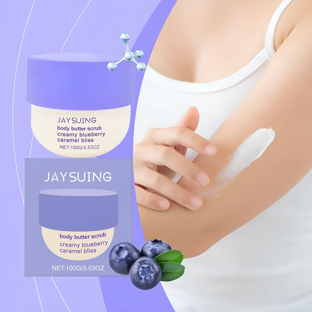 Blueberry caramel body scrub cream in 100g tube with mild exfoliating formula