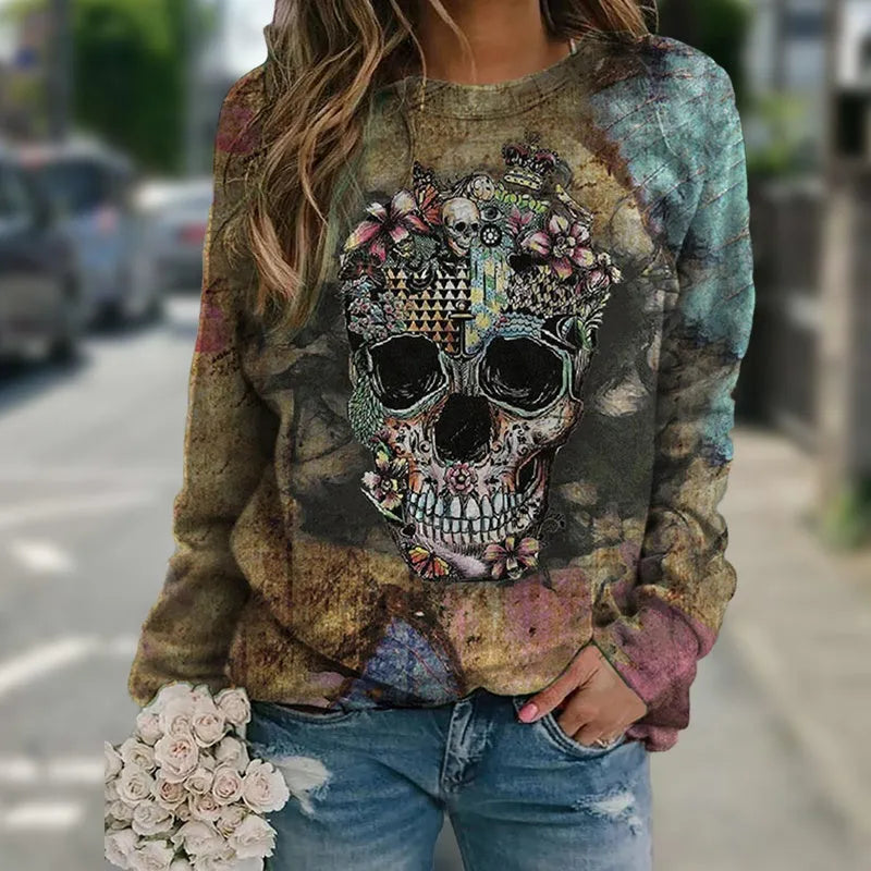 Black long sleeve sweatshirt with skull print design showing front graphic detail