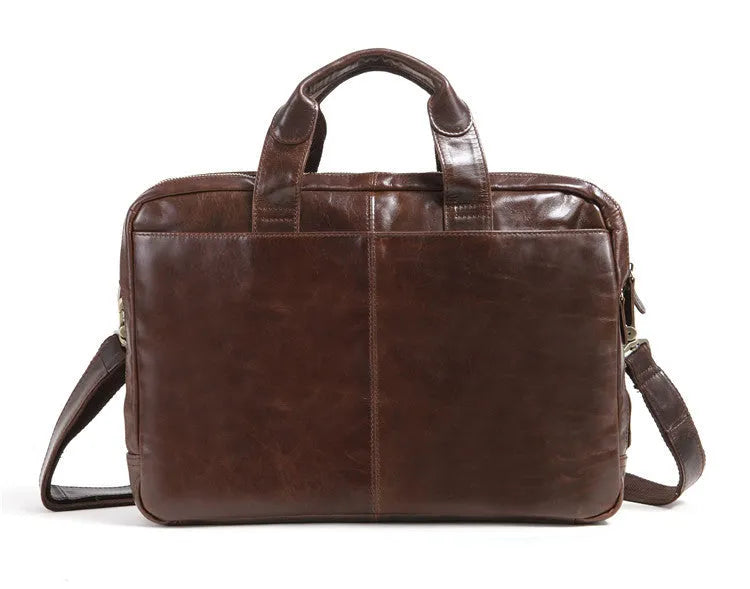 Brown leather men's business briefcase with 18-inch size and first layer cowhide construction