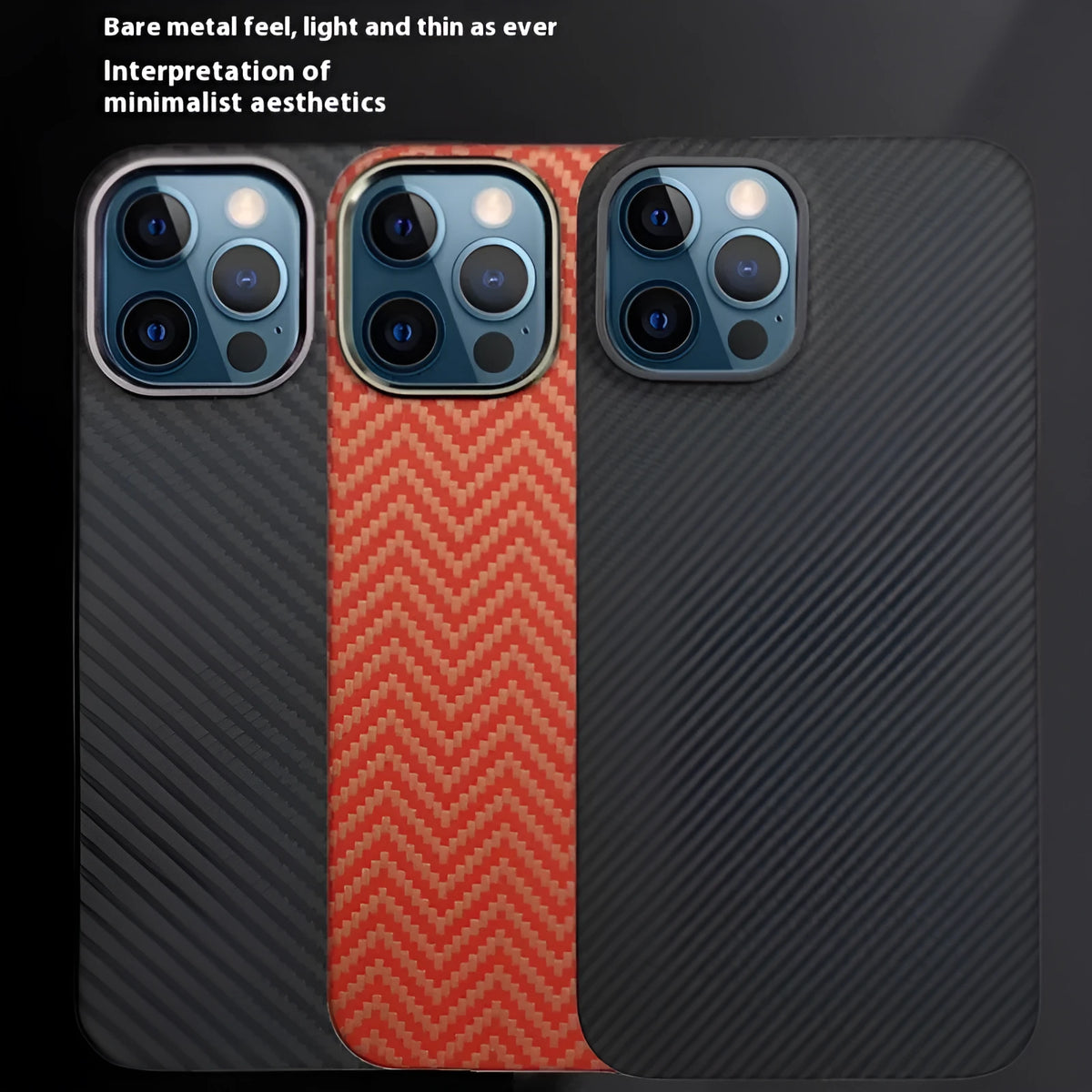 Ultra-thin frosted aramid fibre phone case for iPhone 12 series in black, red and agate styles