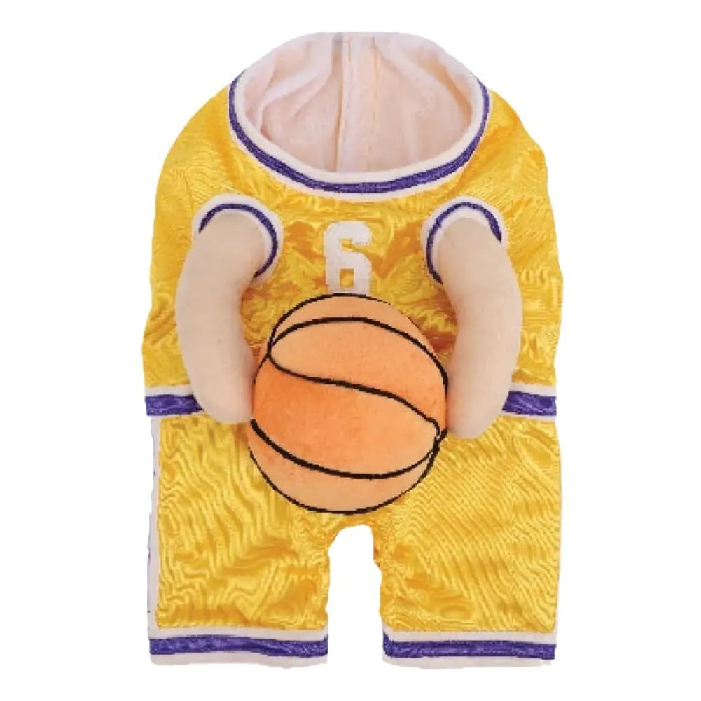 Red and yellow dog basketball costumes with attached ball element in small, medium and large sizes