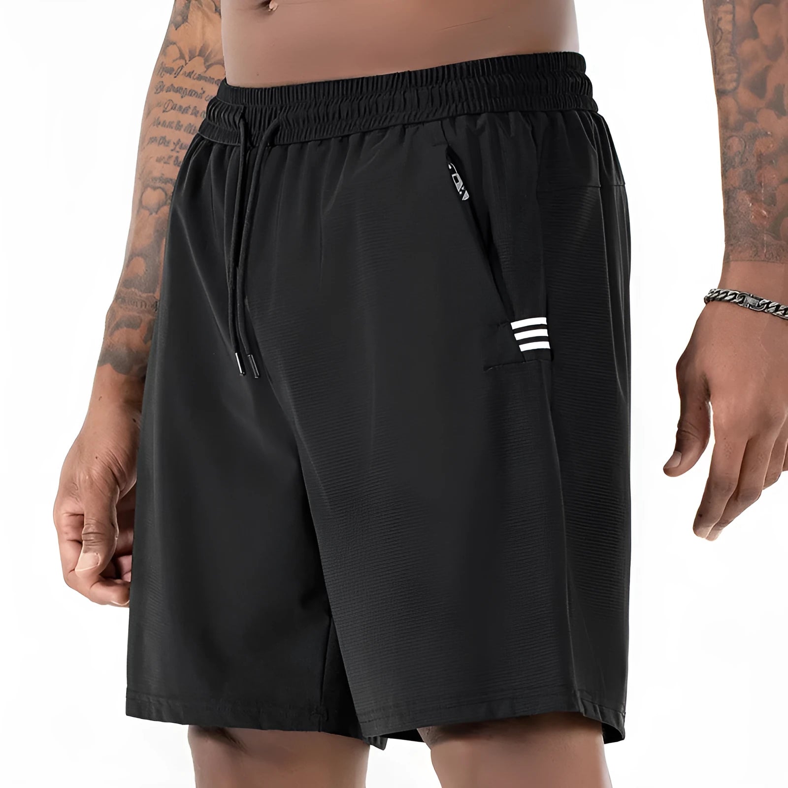 Men's black ice silk quick-drying sports shorts with drawstring waist and cropped length