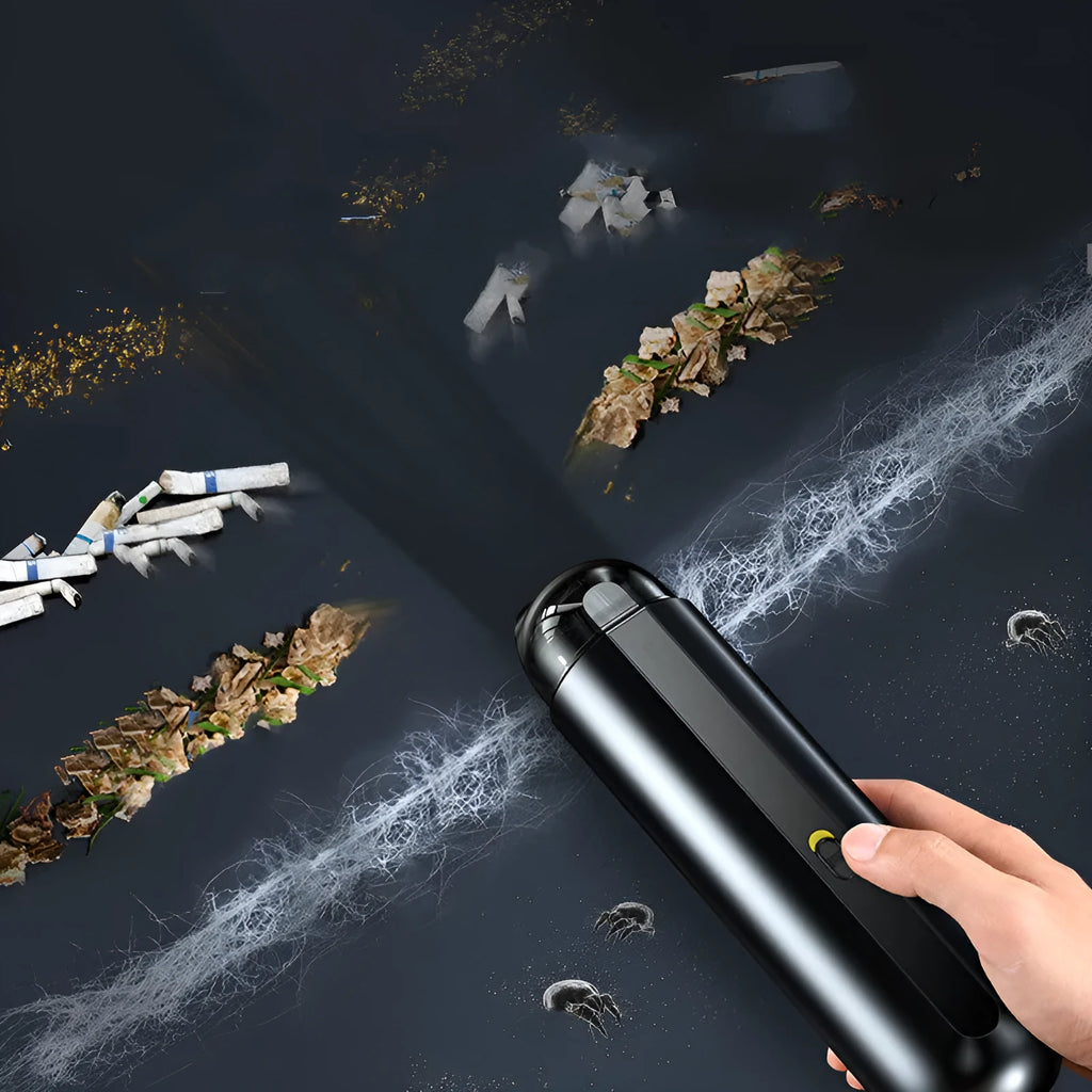 Baseus wireless handheld car vacuum cleaner in black, white, or green with blowing hose attachment.