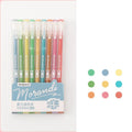 Set of nine colourful retro-style gel pens with 0.5mm needle tips in a plastic case.