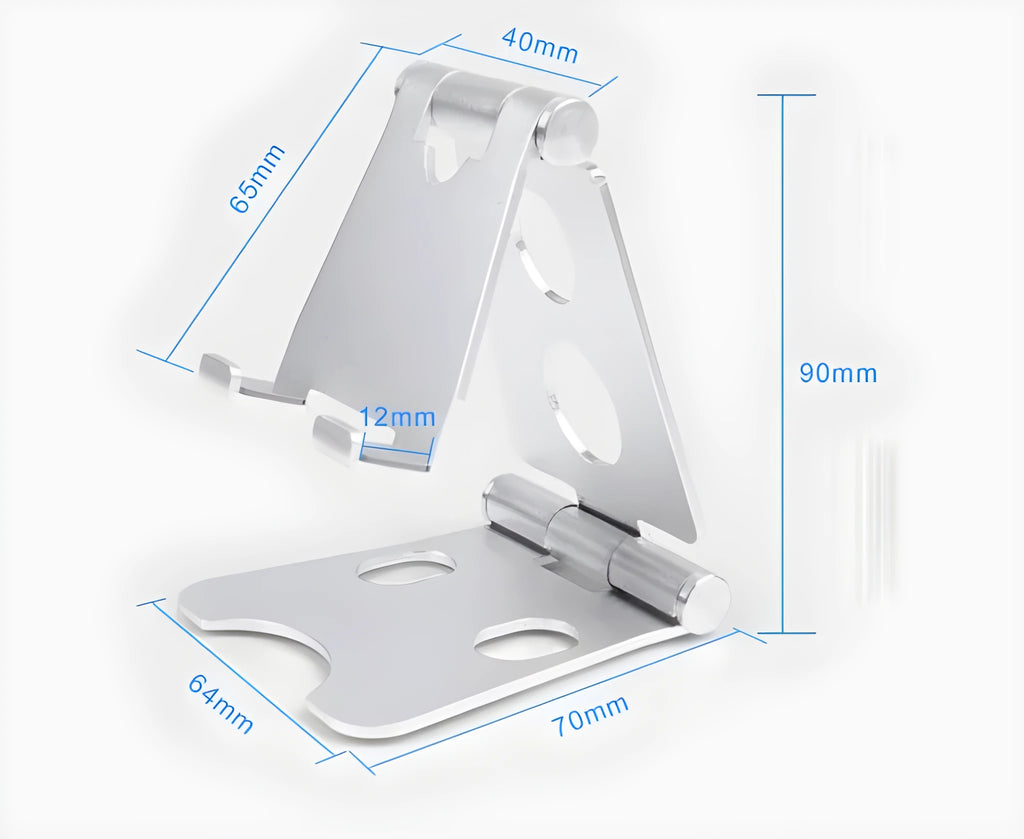 Folding mini mobile phone bracket in black, silver, rose, rose gold or champagne gold, for bed and desktop use.