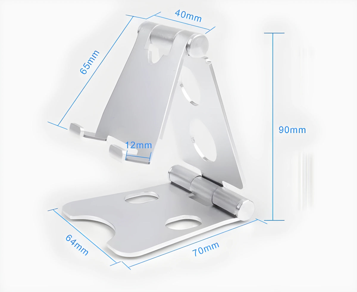 Folding mini mobile phone bracket in black, silver, rose, rose gold or champagne gold, for bed and desktop use.