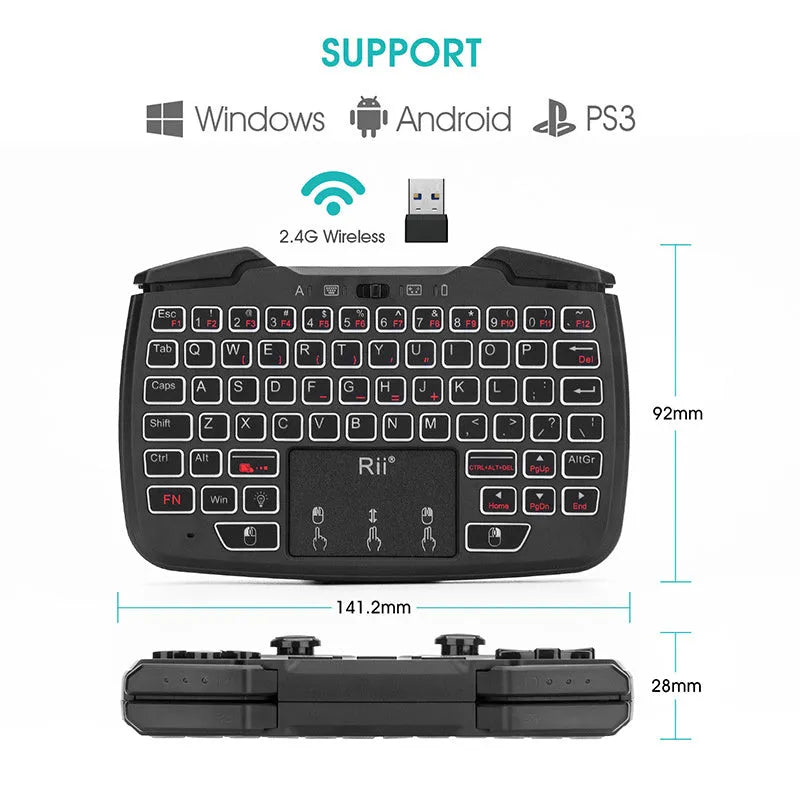Wireless mini keyboard in black with USB receiver, compact layout
