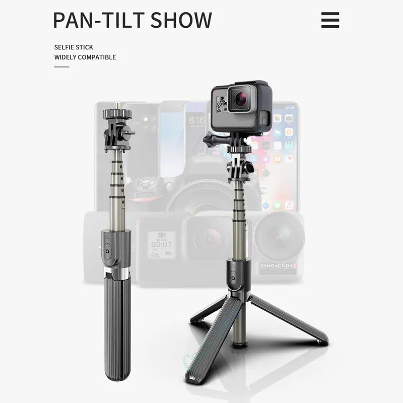 Black aluminium tripod selfie stick for iPhone extended to its full length.