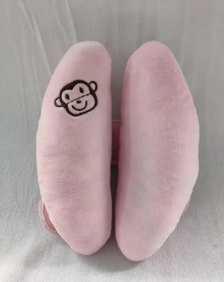 Baby U-shape car seat head protection pillow with pink short plush cover, 20cm height, PP cotton filling