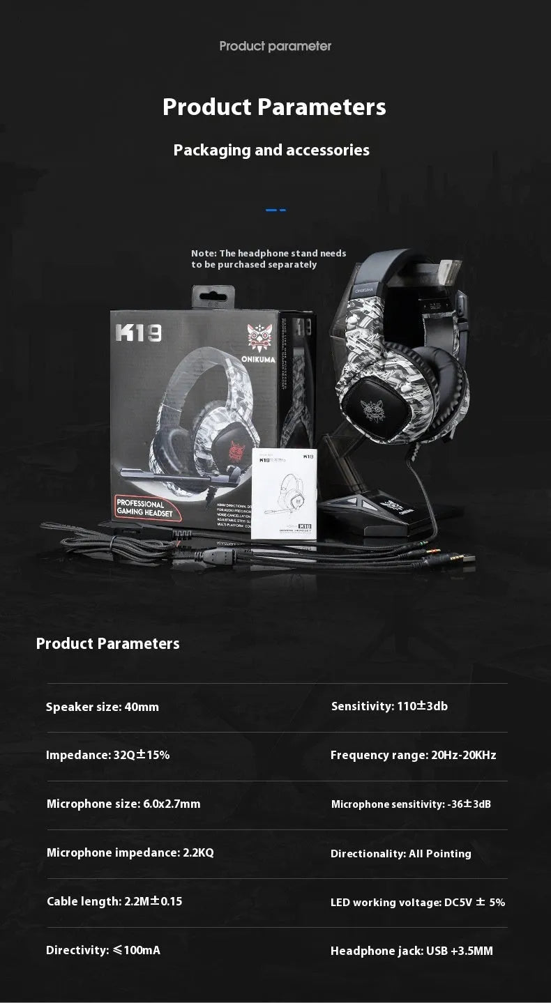 Camouflage Gray wired RGB gaming headset with head-mounted design and 3.5mm plug