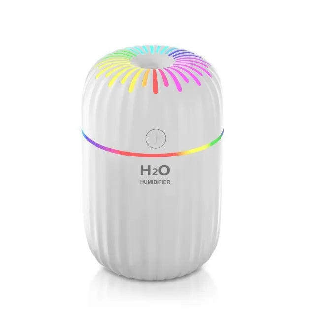 Compact white USB humidifier with 300ml water tank on office desk next to laptop