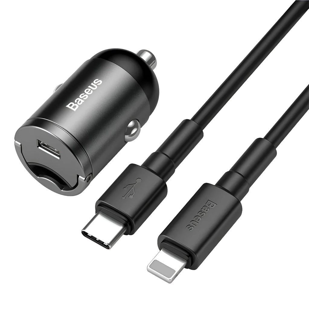 Baseus electro-optical grey mini car charger with single USB port and 1 metre cable.